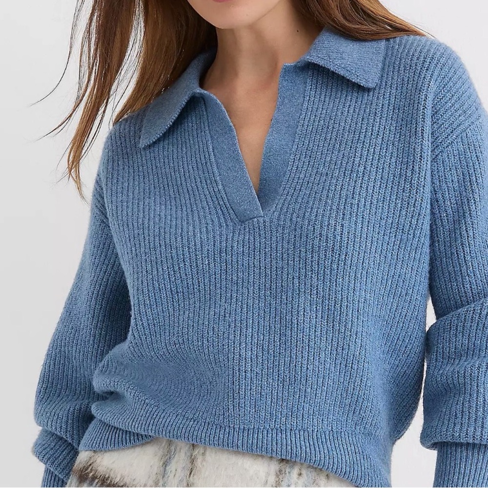 LOFT Ribbed Collared Blue V-Neck Ribbed Sweater